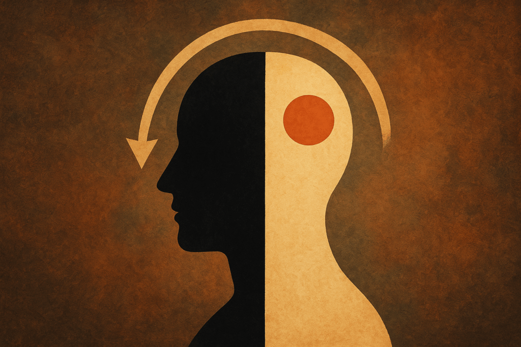 Silhouette humaine divisée en deux moitiés contrastées, symbolisant la dualité des pulsions en psychanalyse, entre vie et mort, ombre et lumière, dans un style artistique aux tons chauds et texturés.